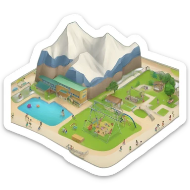a small school surrounded by mountains and river and children play in the playground sticker