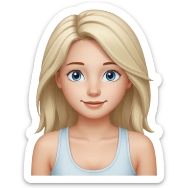 Una chica de tez blanca con pecas, nariz respingada, labios gruesos, ojos grandes color azul grisáceo, pelo largo, lacio, color avellana. Con una blusa de tirantes blanca. Que este sonriendo y q solo se vea de la cintura hacía arriba sticker