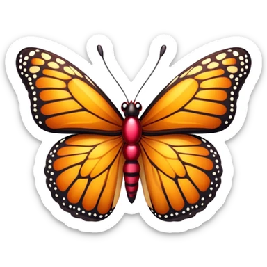 Cinematic Realistic Cute monarch Butterfly Portrait Emoji, Head tilted playfully and inquisitively, featuring vibrantly patterned ruby wings with intricate detailing and a charming, petite body with round, sparkling eyes full of warm curiosity, rendered with lifelike precision and natural highlights, high shine, affectionate and spirited, styled with a touch of whimsical garden delight, soft glowing outline, capturing the essence of a mischievous yet lovable monarch butterfly that seems poised to flutter playfully into your arms! sticker