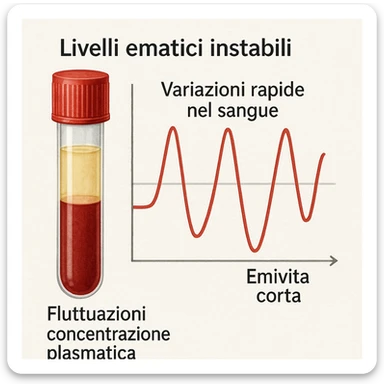 realistic medical illustration showing a blood test tube and a graph with rapidly rising and falling curves, representing 'Livelli ematici instabili' and 'Emivita corta'. Include Italian text in the image: 'Livelli ematici instabili', 'Emivita corta', 'Variazioni rapide nel sangue', 'Fluttuazioni concentrazione plasmatica'. Clear and informative style. sticker