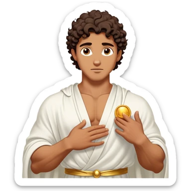 Cinematic Realistic Hercules Portrait, depicted as a classical Greek hero inspired by the Disney version yet echoing the refined proportions and serene dignity of Michelangelo's David. His idealized, sun-kissed tan skin glows with timeless strength, and his thick, curly wavy dark brownhair falls in natural, sculpted curls. Draped in a flowing white robe with delicate golden accents, his expressive eyes radiate determined nobility, all rendered under dynamic natural lighting with a mythic, radiant glow. sticker