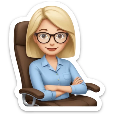 Woman having cartoon faced aligned in a chair in relaxing posture in an office chair and smiling sticker