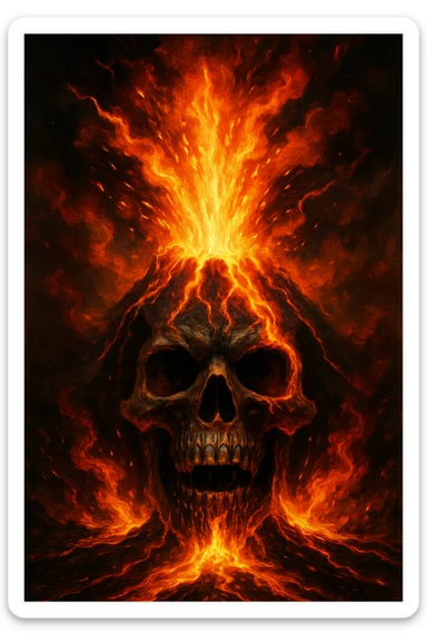 skull head erupting like a volcano, lava blasting from the top, dramatic and bold, intense volcanic eruption, fiery lava, dynamic energy sticker