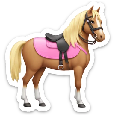 A horse with a pink saddlepad and a saddle sticker