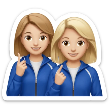 two girls smiling one has blond hair and one is has brown hair they are wearing royal blue track suits sticker