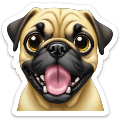 yellow cartonish pug dog with two big and black eyes with a white shine and some little teths out of this mouth sticker