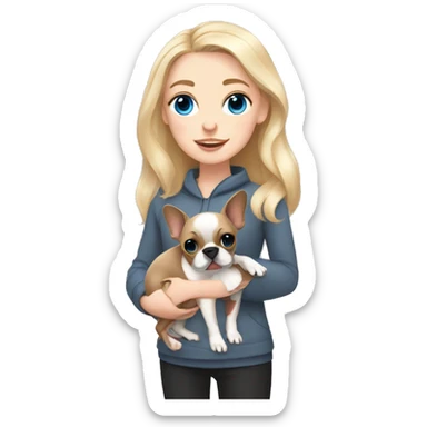 Blonde girl blue eyes holding a dark grey frenchie and a fawn pied frenchie sticker