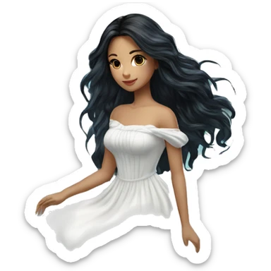 Pretty young Lady doll posing posed pose with long black hair flowers in hair white dress surrounded by flowing water sticker