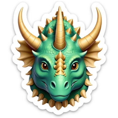 Cinematic Noble Triceratops Portrait Emoji, Poised and formidable, with a robust, stocky build adorned by three prominent horns and a broad, intricately frilled head, exuding ancient strength and wisdom, Simplified yet sharply defined features, highly detailed, glowing with a soft, earthy radiance, high shine, intelligent and stalwart, stylized with an air of prehistoric majesty, focused and resolute, soft glowing outline, capturing the essence of a watchful and confident Triceratops that appears ready to charge out of the screen with effortless power! sticker