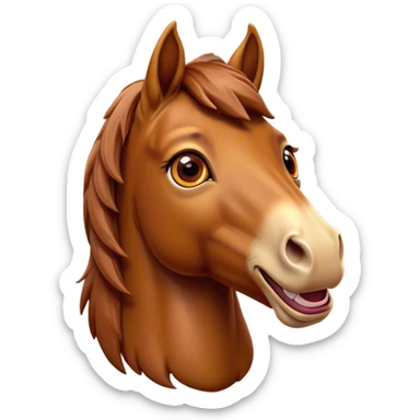 Cinematic Comical Chestnut Horse Portrait Emoji, Head tilted dramatically with an exaggeratedly amused expression, featuring a striking chestnut fur with a glossy finish and wide, expressive amber eyes filled with playful disbelief, Simplified yet hilariously expressive features, highly detailed, glowing with a slightly sassy glow, high shine, dramatic yet playful, stylized with an air of cheeky mischief, bright and endearing, soft glowing outline, capturing the essence of a spirited and over-the-top horse, so meme-worthy it feels like it could side-eye its way into internet fame instantly! sticker