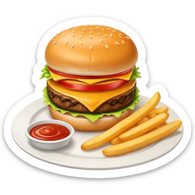 i want a Cheeseburger and Fries with a angle to 15–20° gentle bird’s-eye angle with Sause on white plate  sticker
