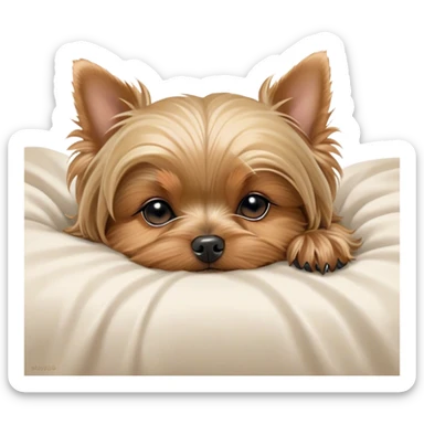 Meme-Worthy Cute Sleeping Yorkshire Terrier Portrait Emoji, Head resting gently with a peaceful, contented expression and softly closed, dreamy eyes, featuring a well-groomed, silky fur in rich hues, simplified yet irresistibly endearing, highly detailed, glowing with a gentle, drowsy radiance, high shine, exuding relaxed, heart-melting charm, styled with a soft glowing outline, capturing the essence of a sleeping Yorkshire Terrier that looks as if it could drift off into a sweet, meme-worthy slumber! sticker