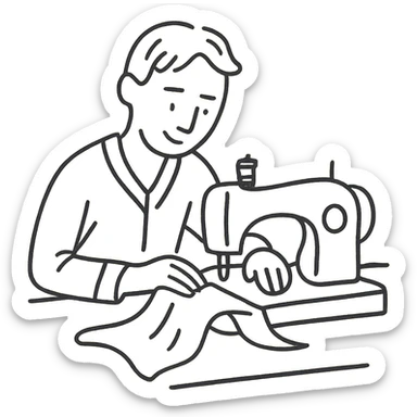 hand-drawn outlined icon of a tailor sewing, sketchy lines sticker