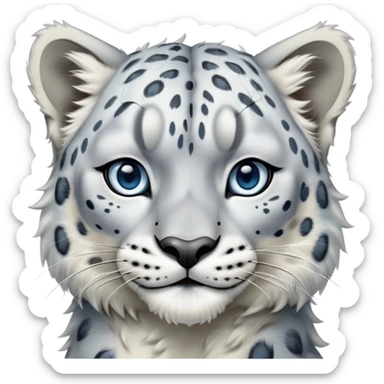 Cinematic-Comical-Snow-Leopard-Portrait-Emoji – Head tilted dramatically with an exaggeratedly amused expression, featuring a thick, spotted white-and-grey coat with a dense ruff around the neck, wide, piercing icy blue eyes filled with playful disbelief zoomed out showing the shoulders sticker