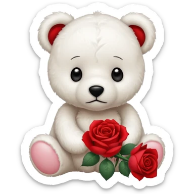 Cute white teddy bear with sad puppy dog eyes holding roses  sticker