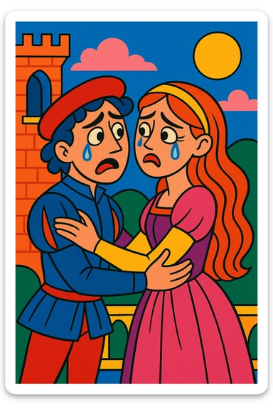 Romeo and Juliet in a cartoon farewell embrace, teary eyes, dramatic but playful, cartoon style sticker