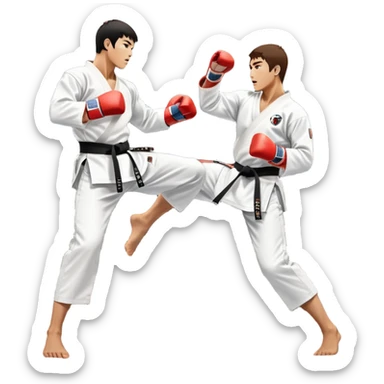 Two taekwondo fighters in traditional white doboks with black belts. One delivers a powerful kick, while the other defends by blocking with his knee. The background shows a professional arena with bright lights and an excited crowd. Transparent background highlights the intense action sticker