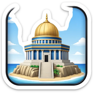 epstein island cubic temple with blue horizontal stipes on the side and a goldon dome on top sticker
