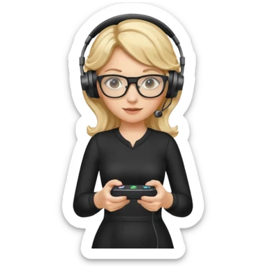 
gamer, woman with blond wavy hair, tight black dress with a white line with glasses, headphone, gamepad sticker