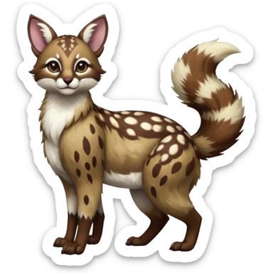 Colorful dark realistic chocolate-brown tropical beige fur glorious divine exotic cute cool beautiful shiny beautiful fantasy-Furret-Eevee-caracal-civet-genet-sergal-vernid-Cacomistle-oncilla-animal-Fakémon-hybrid-fursona with white deer-spots pattern markings (full body) sticker