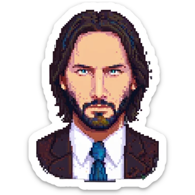 John Wick in pixel art style, close-up portrait, pixelated, dark hair and beard, intense eyes sticker