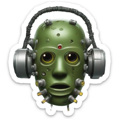 Olive green mohawk cyborg head with respirator mask and circuits sticker