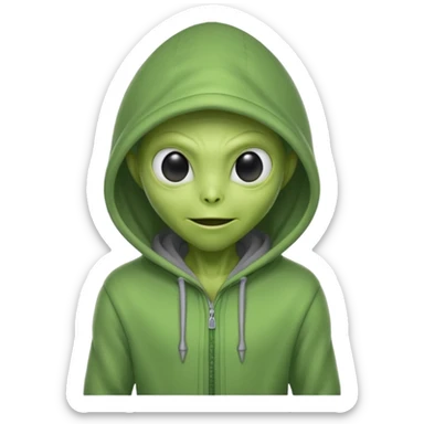 green alien in gray hoodie full height, wear hoodie hat, happy sticker