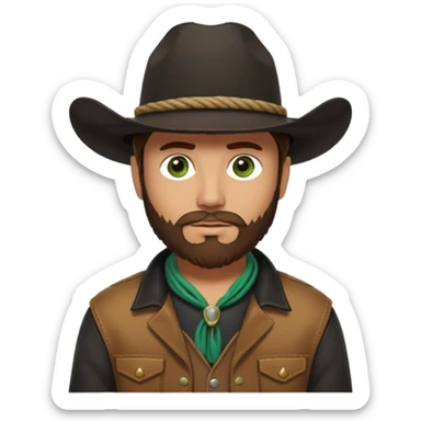 yellowstone ranch cowboy with brown beard, black cowboy hat with black rope and no jewel, black t-shirt, leather tan jacket, and green eyes sticker