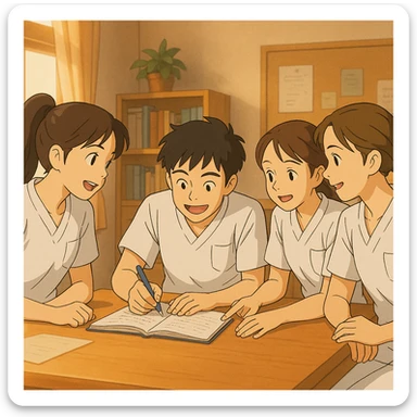 Groupe de quatre étudiants infirmiers, style Ghibli, en train de collaborer à l'intérieur. Uniformes blancs, tuniques col en V, poche poitrine à gauche, manches courtes, avant-bras nus, pas de stéthoscopes ni pied de col, cheveux longs attachés. Scène dynamique et chaleureuse. sticker