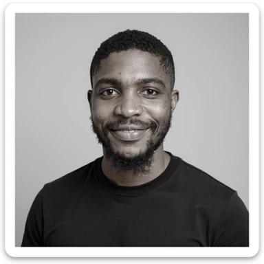 A professional portrait of me in monochrome. Plain black crew neck shirt. Tailored to LinkedIn. Tech boy vibe (programmer). I’m a black man from Nigeria. Retain facial features from attached image. Make face smoothie and healthy. No accessories. Light gray background to make subject more visible. sticker