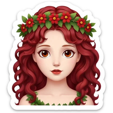In Greek mythology, Persephone is often depicted as a young goddess with fair skin and dark red, wavy hair. She is typically shown wearing a wreath of flowers sticker