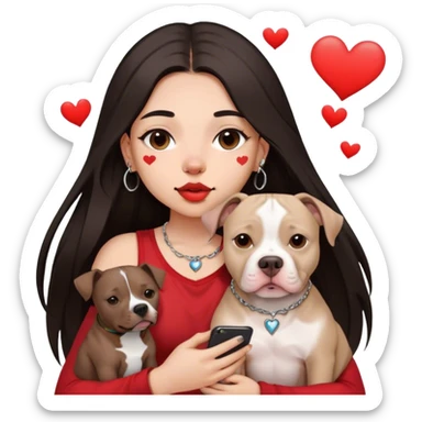Young girl, with long dark hair, kind of chop you around her face holds her phone sitting by her pitbull. She has a small septum ring in her nose and heart fly all around her. sticker
