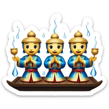 Cinematic Realistic Water Puppetry Emoji, depicted as a whimsical scene of traditional water puppets performing on a reflective water stage, rendered with vivid textures and dynamic playful lighting that captures its enchanting charm. sticker