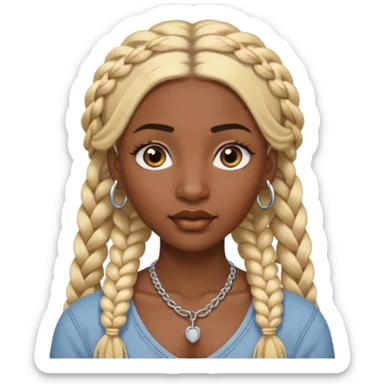A dark-skinned woman with long blonde hair styled into two thick braids, large golden-brown eyes and arched eyebrows.  a silver eyebrow ring, a nose stud, and a lip ring. sticker