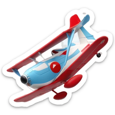 Un avion de dessin animé rouge et blanc volant à travers des nuages floconneux dans un ciel bleu clair. La scène est encadrée par une bordure circulaire, avec un style d'animation 3D ludique. sticker
