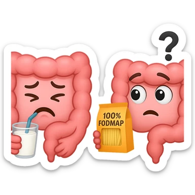 emoji stile iphone di un intestino che beve latte e ha un espressione di dolore e un intestino che guarda un pacco di pasta con la scritta "100% FODMAP" SULL'ETICHETTA CON ESPRESSIONE CONFUSA, iperrealistico 4k, isolato su sfondo bianco sticker