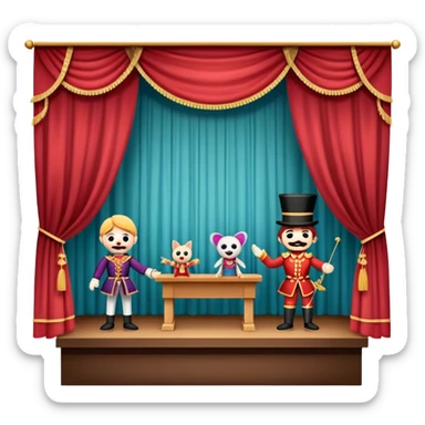 Icon for Puppet Theater: a puppet stage with curtains and marionettes performing on stage. The icon should represent the charm and artistry of puppet theater, with focus on the puppet and the stage setting. Transparent background. sticker