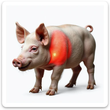 Realistic pig on isolated white background, thyroid area on neck highlighted in red, clear anatomical details, hyperrealism, 4K quality, side view sticker