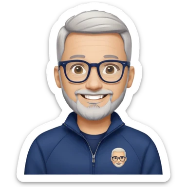 Light-skinned man with tight fade haircut (nearly shaved sides fading to very short on top), short graying beard, big black glasses frames, happy smile, navy blue zip-up sweatshirt with long sleeves sticker