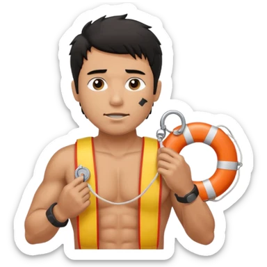 Dark Tan Muscular lifeguard no shirt with messy black hair with whistle and life preserver sticker