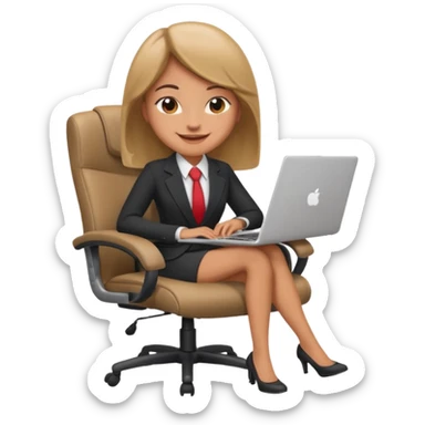 Cartoon faced girl relaxing in an office chair and smiling and working  sticker