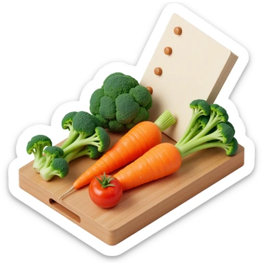 carrot tomato brocoli on the wooden cutting board with floating list  sticker