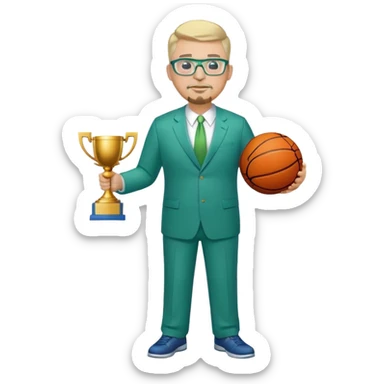 Full Body white fat male  wearing glasses with a goatee with light blonde gray very short hair basketball head Coach in blue and green suit holding trophy sticker