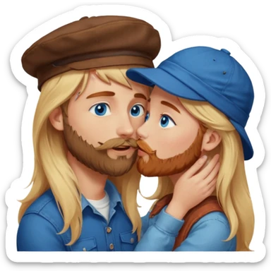 Pretty, long blonde hair blue eyed girl facing a reddish brownish hair-wearing a hat and scruffy beard, blue eyed, white male whose holding her face kissing  sticker