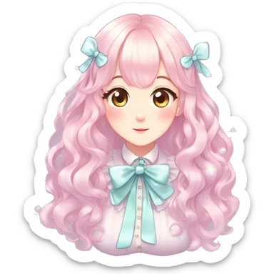Gorgeous pastel anime style lady with blushing face with sparkly bow tie idol model cottagecore fairycore pastelcore shiny colorful pearly petite simplistic aesthetic trending style sticker