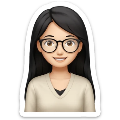medium tan asian woman with long black hair past middle of back, round brown eyes, white v neck blouse. she has black thick frame rectangle shape glasses on and smiling with no teeth sticker