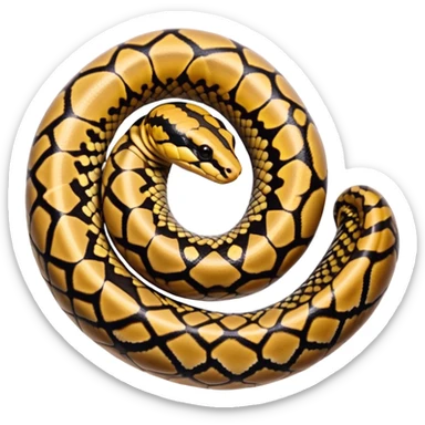 A photo-realistic top-down view of a Ball Python gently coiled into a tight spiral, with its head resting peacefully at the center. Its scales are warm brown with bold, irregular black markings, including the distinctive “alien-head” pattern, flowing smoothly along its body.  sticker