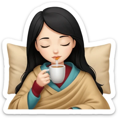 black hair girl long hair inside a beige blanket sipping coffee eyes closed sticker