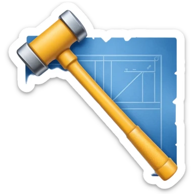 hammer crossed with a rolled blueprint, symbolizing building and construction, clean modern emoji style sticker