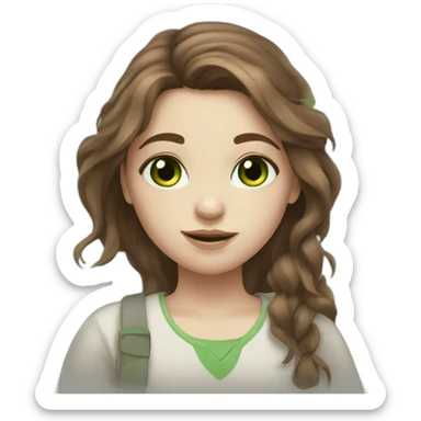 Messy long brown haired girl with green eyes, pale skin and little birthmark on neck middle part sticker